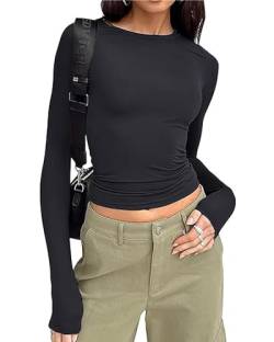 Damen Basic Langarm Top Y2k Slim Fit TikTok Tight Baby Tee Tops Skim Dupe Basic Crop Tops Bluse Ästhetische Streetwear (A-Black, M) von Acrawnni