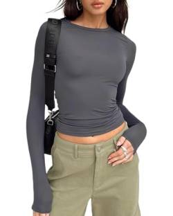 Damen Basic Langarm Top Y2k Slim Fit TikTok Tight Baby Tee Tops Skim Dupe Basic Crop Tops Bluse Ästhetische Streetwear (A-Gray, M) von Acrawnni