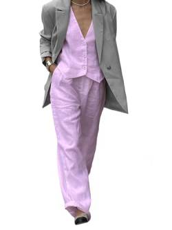 Damen-Blazer, 2-teiliges Outfit, formelle Baumwolle, Leinen, ärmellos, Knopf, Weste, weites Bein, Hose, Set, Blazer, Anzüge, Business-Anzug, A-Pink, Large von Acrawnni