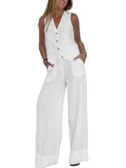 Damen-Blazer, 2-teiliges Outfit, formelle Baumwolle, Leinen, ärmellos, Knopf, Weste, weites Bein, Hose, Set, Blazer, Anzüge, Business-Anzug, B-weiß, Large von Acrawnni