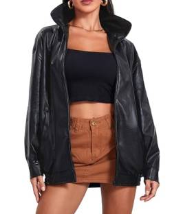 Damen Lederjacken Oversized Faux Motorrad Biker Mantel PU Moto Varsity Bomber Cardigan Jacken Herbst Outwear Streetwear (A-Black, M) von Acrawnni