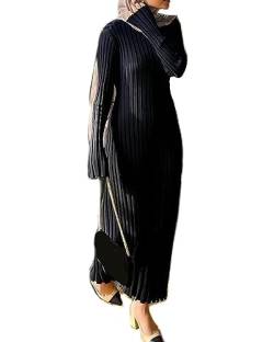 Damen-Maxikleid Aus Geripptem Strick Langärmelig Rundhalsausschnitt Schmale Passform Figurbetont Bleistift Langes Kleid Party Clubwear (A-Black, L) von Acrawnni