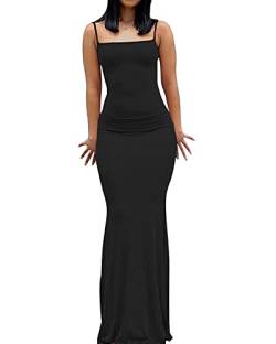 Damen Spaghetti-Träger Ärmelloses langes Kleid Fischschwanz LowCut Rückenfreies langes, figurbetontes Sling-Kleid Party Abend Maxikleid (A-Black, M) von Acrawnni