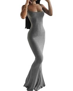 Damen Spaghetti-Träger Ärmelloses langes Kleid Fischschwanz LowCut Rückenfreies langes, figurbetontes Sling-Kleid Party Abend Maxikleid (A-Grey, XS) von Acrawnni