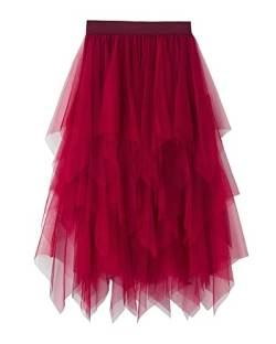 Damen-Tüllrock, elastisch, hohe Taille, Blumendruck, Abgestuft, geschichtet, unregelmäßiges Mesh, Ballett, Abschlussball, Party, Tüll, Tutu, Midirock in A-Linie (B-Red, ONE Size) von Acrawnni