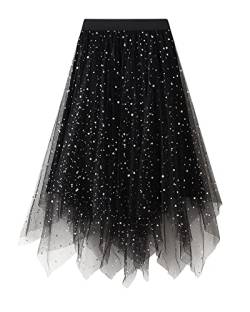 Damen-Tüllrock, elastisch, hohe Taille, Blumendruck, Abgestuft, geschichtet, unregelmäßiges Mesh, Ballett, Abschlussball, Party, Tüll, Tutu, Midirock in A-Linie (H-Black, One Size) von Acrawnni