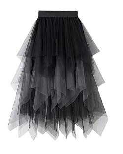 Damen-Tüllrock, elastisch, hohe Taille, Blumendruck, Abgestuft, geschichtet, unregelmäßiges Mesh, Ballett, Abschlussball, Party, Tüll, Tutu (C-Black Gray, One Size) von Acrawnni