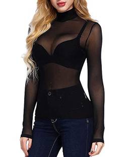 Frauen Sexy Sheer Mesh See-Through Slim Fit Shirts Langarm Vintage Rollkragen Sparkle T-Shirt Bluse Tops Clubwear (A-Black, L) von Acrawnni