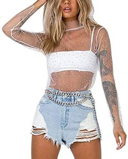 Frauen Sexy Sheer Mesh See-Through Slim Fit Shirts Langarm Vintage Rollkragen Sparkle T-Shirt Bluse Tops Clubwear (B-White, S) von Acrawnni