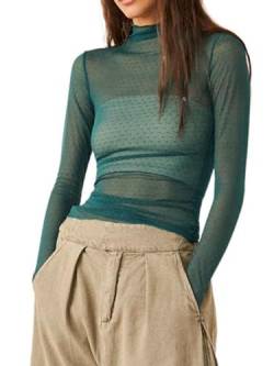 Frauen Sexy Sheer Mesh See-Through Slim Fit Shirts Langarm Vintage Rollkragen Sparkle T-Shirt Bluse Tops Clubwear (M-Green, L) von Acrawnni