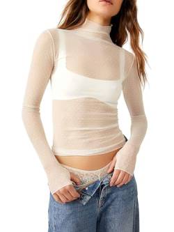 Frauen Sexy Sheer Mesh See-Through Slim Fit Shirts Langarm Vintage Rollkragen Sparkle T-Shirt Bluse Tops Clubwear (M-White, L) von Acrawnni