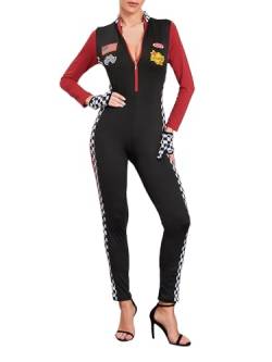 Racer-Kostüm für Damen, langärmelig, mit Reißverschluss, Patchwork-Overall, Halloween, Cosplay-Kostüm (A-Schwarz, M) von Acrawnni