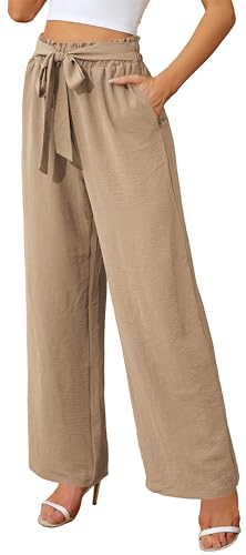 Actcat Damen Hose mit weitem Bein, leicht und elegant, elastischer Bund, Sommerhose mit Taschen, für legere Arbeit geeignet Sommerhose Damen leicht musselin Hose Damen lang,Khaki,L von Actcat