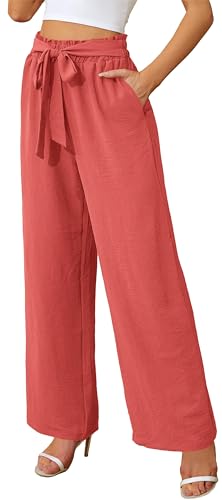Actcat Damen Hose mit weitem Bein, leicht und elegant, elastischer Bund, Sommerhose mit Taschen, für legere Arbeit geeignet Strandhosen Damen leicht Stoffhose Damen Orange Rot von Actcat