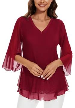 Actcat Tuniken mit 3/4-Ärmeln für Damen Arbeitsblusen für Damen rote Bluse damenKragen V-Ausschnitt Oberteil Damen elegant Festliche blusen Damen mesh Oberteil Damen Bluse Damen sexy von Actcat