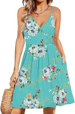 Actcat Damen V-Ausschnitt Ärmellos Blumen Sommerkleid Swing Kleid Verstellbaren Spagettiträgern Trägerkleid Midikleid Strandkleid mit Taschen perfekt für Sommer und Strand von Actcat