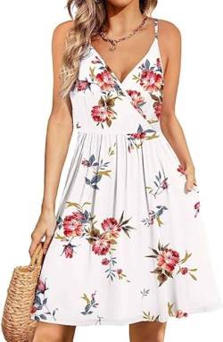 Actcat Damen V-Ausschnitt Ärmellos Blumen Sommerkleid Swing Kleid Verstellbaren Spagettiträgern Trägerkleid Midikleid Strandkleid mit Taschen perfekt für Sommer und Strand von Actcat