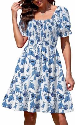 Actcat Frauen Blusenkleid mit Puffärmeln, Schulterfreies Minikleid, Viereckiger Ausschnitt, figurbetontes Kurzarmkleid, süßer Resort-Stil Strandkleid langes Kleid Piraten Kleid,Blaue Blüten,XL von Actcat