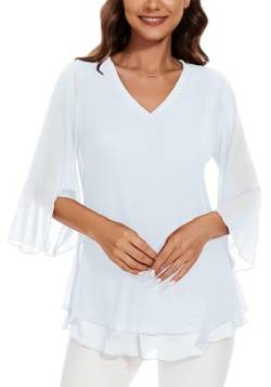 Actcat Oberteile Damen Elegant Hochzeit Frühling Blusen für Damen Lang Party Tunika Damen 3/4 Arm Blusenshirt Locker Freizeit Leichte Flatterbluse Outfit Feierliche Bluse Damen Festliche Kleidung von Actcat