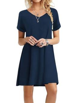 Actcat Sommerkleid Damen Kurzarm Loose Swing-Kleid mit Taschen A-Linie Casual Kleider,Kurzarm Tshirt Kleid Locker Midi Kleider Knielang Schwingen Sommerkleid Strandkleid mit Taschen,Navy,S von Actcat