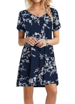 Actcat Sommerkleid Damen Kurzarm Loose Swing-Kleid mit Taschen A-LinieCasual Sommer T Shirt Kleid Kurzarm Swing Kleider, White Navy,XXL von Actcat