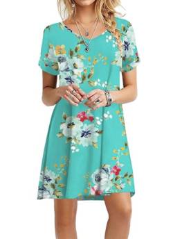 Actcat Sommerkleid Damen Kurzarm Loose Swing-Kleid mit Taschen A-LinieCasual Sommer T Shirt Kleid Kurzarm Swing Kleider,Mint Green,XXL von Actcat