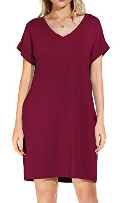 Actcat Sommerkleid Damen Kurzarm Loose Swing-Kleid mit Taschen A-LinieCasual Sommer T Shirt Kleid Kurzarm Swing Kleider,Wine Red,L von Actcat