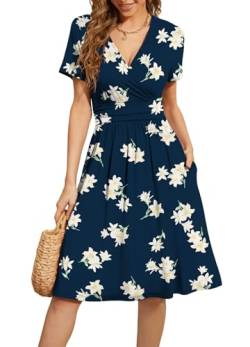 Actcat V-Ausschnitt Kleid Kurzarm Casual Kleider Sommerkleid Floral Party Kleid mit Taschen Kleider elegant blusenkleid Damen blusenkleid Damen Kleid a Linie von Actcat