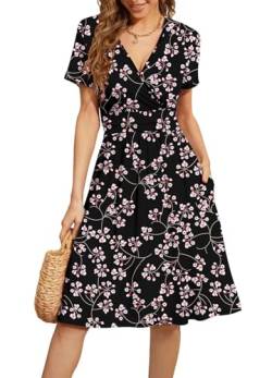 Actcat V-Ausschnitt Kleid Kurzarm Casual Kleider Sommerkleid Floral Party Kleid mit Taschen Kleider elegant blusenkleid Damen blusenkleid Damen Kleid a Linie von Actcat