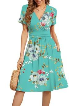 Actcat V-Ausschnitt Kleid Kurzarm Casual Kleider Sommerkleid Floral Party Kleid mit Taschen Kleider elegant blusenkleid Damen blusenkleid Damen Kleid a Linie von Actcat