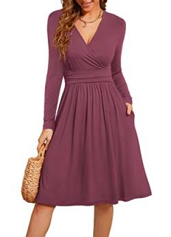 Actcat V-Ausschnitt Pullover Kleid Langarm Casual Kleider Herbst Kleid Floral Party Kleid mit Taschen herbstkleid Damen Winterkleider Damen Festliche Kleider für Damen weihnachtskleid,Mauve, S von Actcat