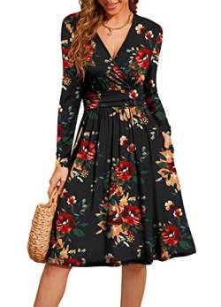 Actcat V-Ausschnitt Pullover Kleid Langarm Casual Kleider Herbst Kleid Floral Party Kleid mit Taschen herbstkleid Damen Winterkleider Damen Festliche Kleider für Damen weihnachtskleid Braun FloACr XL von Actcat