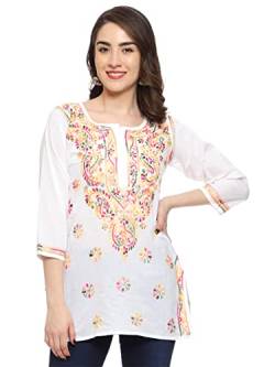 Ada Damen Baumwolle Top Tunika Indische Hand Stickerei Chikankari Bluse Shirt A351501, White, XXL von Ada