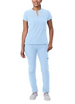Adar Damen Pflegebekleidung - Pflege-Top mit Frontkittel & Skinny Cargo Hose - A9600 - Sky Blue - XXS von Adar Uniforms