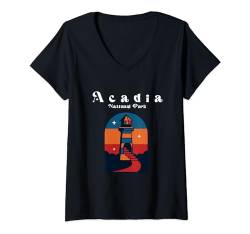 Damen Acadia National Park Bar Harbor Leuchtturm Minimal Retro T-Shirt mit V-Ausschnitt von Adel's Holiday Gift And Souvenir