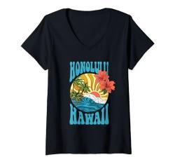 Damen Tropischer Strand Sonnenuntergang Palme Honolulu Hawaii Urlaub T-Shirt mit V-Ausschnitt von Adel's Holiday Gift And Souvenir