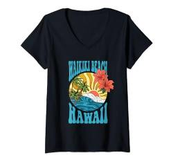Damen Tropischer Strand Sonnenuntergang Palme Waikiki Hawaii Urlaub T-Shirt mit V-Ausschnitt von Adel's Holiday Gift And Souvenir