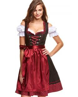 Adelstrachten Dirndl Damen Midi Set 3 teilig mit Bluse und Schürze I Trachtenkleid Damen 3 TLG in Schwarz Kombination von Gr 34 bis 46 KF101 (36, KF016 weinrot) von Adelstrachten