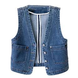 Adhdyuud Damen Denim Weste V-Ausschnitt Blau Tank Top Breasted Casual Jeans Westen Slim Pocket Jacke, blau, 36 von Adhdyuud