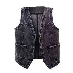 Adhdyuud Damen-Jeans-Westen, V-Ausschnitt, blaue Denim-Weste, einreihig, Jeans-Tank-Top, kurze ärmellose Jacke, Schwarz , 38 von Adhdyuud