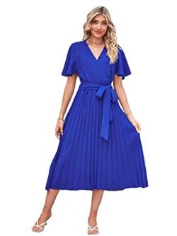 Adhdyuud Damen Sommer Schnürung Kurzarm Plissee Kleid V-Ausschnitt Party Maxi Lange Kleider, blau, Medium von Adhdyuud