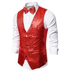 Adhdyuud Herren Pailletten Weste mit Fliege Slim Fit V-Ausschnitt Abschlussball Weste Party Hochzeit Bräutigam Weste Chaleco Hombre, rot, M von Adhdyuud