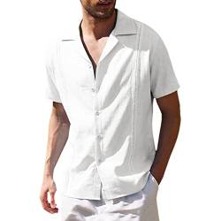 Adhdyuud Herren-Shirt, einfarbig, mit Knöpfen, Leinen, Revers, Kurzarm, lässige Baumwollhemden, Df021white, XS von Adhdyuud