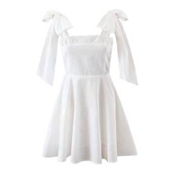 Damen Schulter Schleife Kleid Casual A-Linie Skater Kurz Mini Solid Ärmellos Sommerkleid, weiß, Small von Adhdyuud