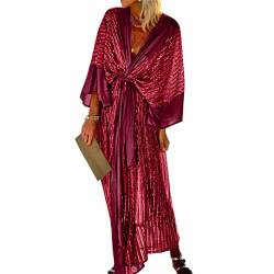 Damen Sexy Krawatte Taille Strand Urlaub Robe Cardigan Bikini Cover Up Kleid Pailletten Baggy Lang Kimono, wein, X-Large von Adhdyuud