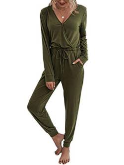 Adibosy Damen-Jumpsuits mit langen Ärmeln, lässige Hose, Strampler für Damen, V-Ausschnitt, Pullover, einteilig, Outfits mit Taschen, S-XXL, 2150 Grün, Small von Adibosy