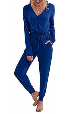 Adibosy Damen-Jumpsuits mit langen Ärmeln, lässige Hose, Strampler für Damen, V-Ausschnitt, Pullover, einteilig, Outfits mit Taschen, S-XXL, 2150 Königsblau, Medium von Adibosy