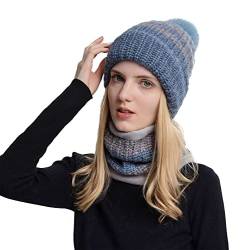 Adicloz Schal und Mütze Damen Set, Beanie mit Pompons Herbst Winter, Slouch Strick Fleecefutter Elastischer Mütze Schal mit Bommel für Wintergeschenk von Adicloz