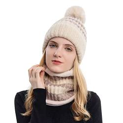 Adicloz Schal und Mütze Damen Set, Beanie mit Pompons Herbst Winter, Slouch Strick Fleecefutter Elastischer Mütze Schal mit Bommel für Wintergeschenk von Adicloz