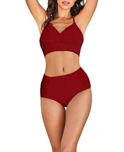 Adigaber Damen Bikini Set High Waist Adjustable Zweiteilig Badeanzug Falten Retro Gerafft Lace Up Bathing Suit von Adigaber